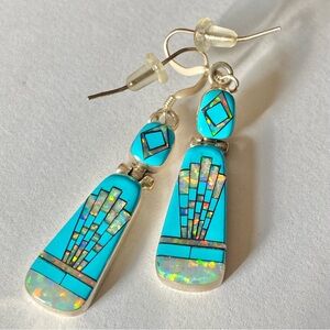 Sheryl Martinez Sterling Silver Turquoise and Opal Drop Earrings